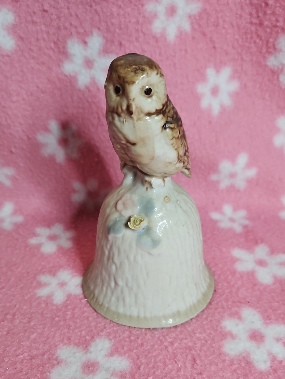 Cream and Brown Ceramic Owl Bell - Decorative Small Pet Accent
